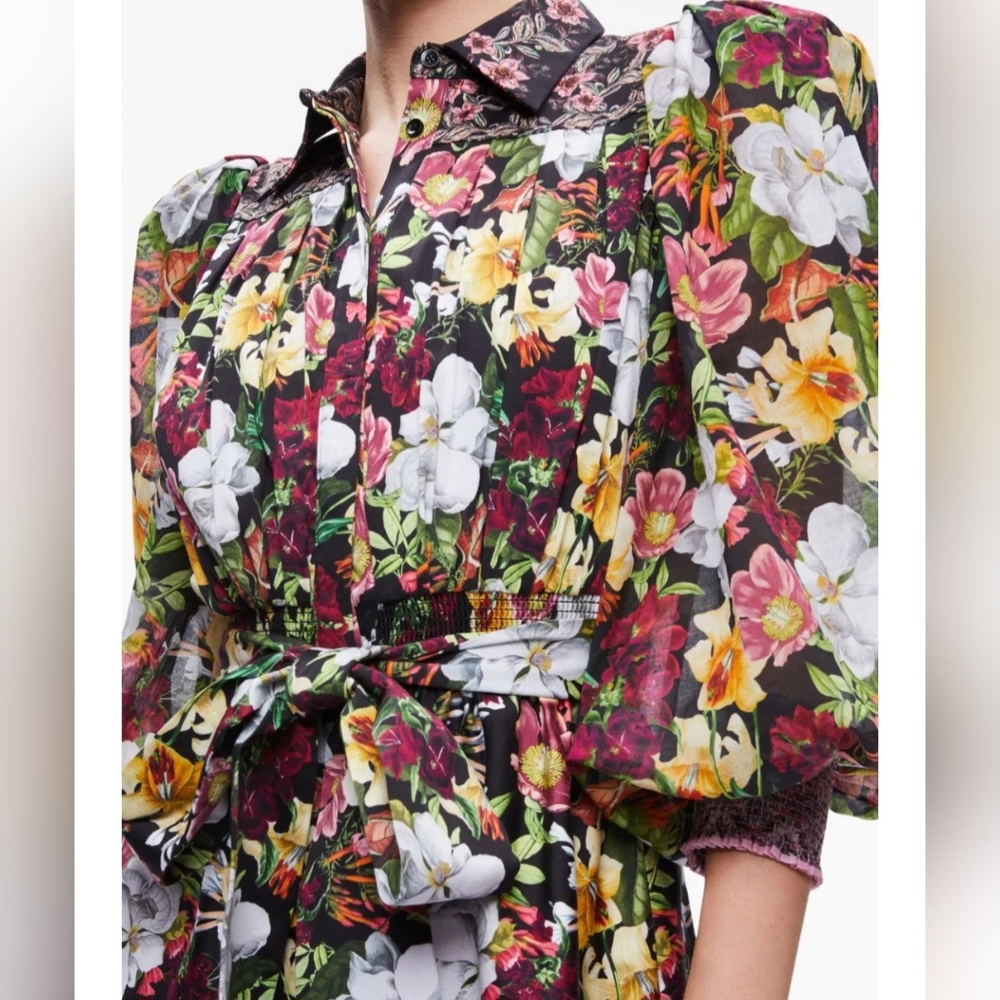 Alice + Olivia Black Floral Mini Dress with White, Yellow & Pink Blooms - Picture 2 of 15